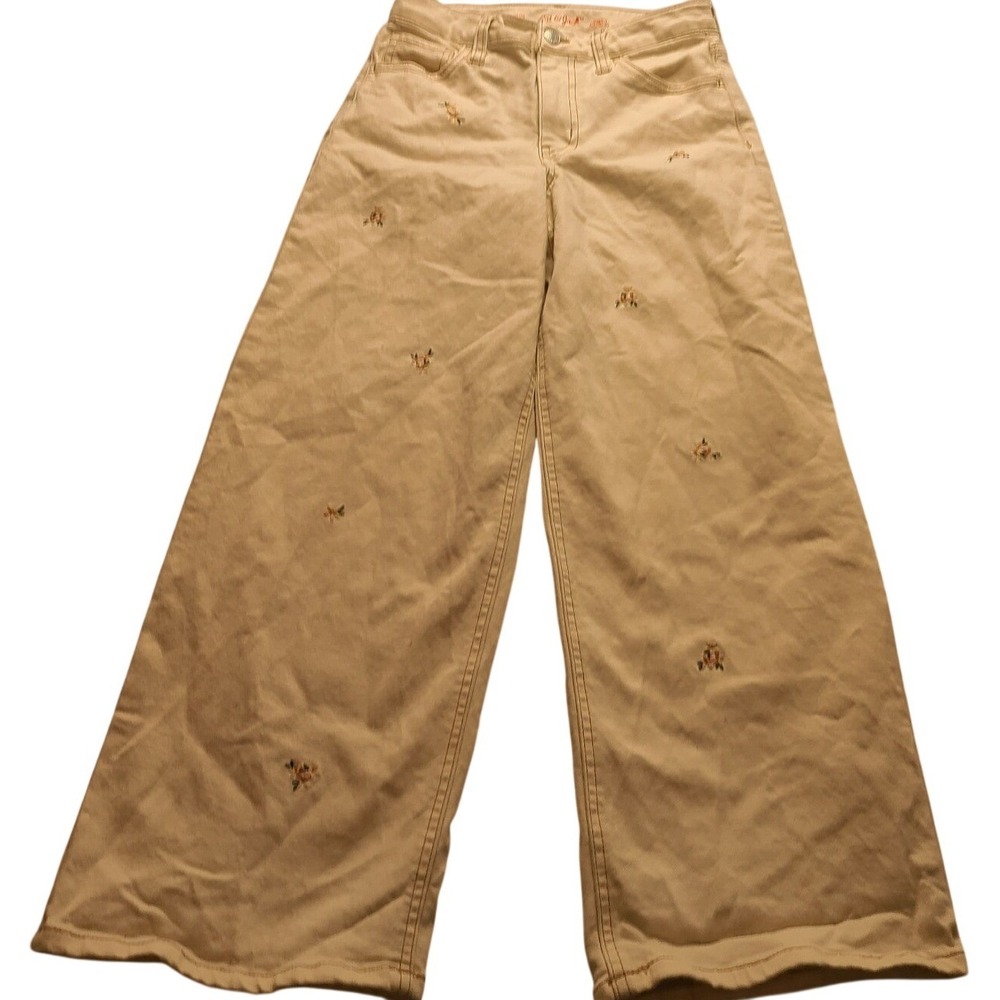 Cat & Jack Girls Cream Floral‎ Embroidered Wide Leg Stretch Denim Pants Size 12